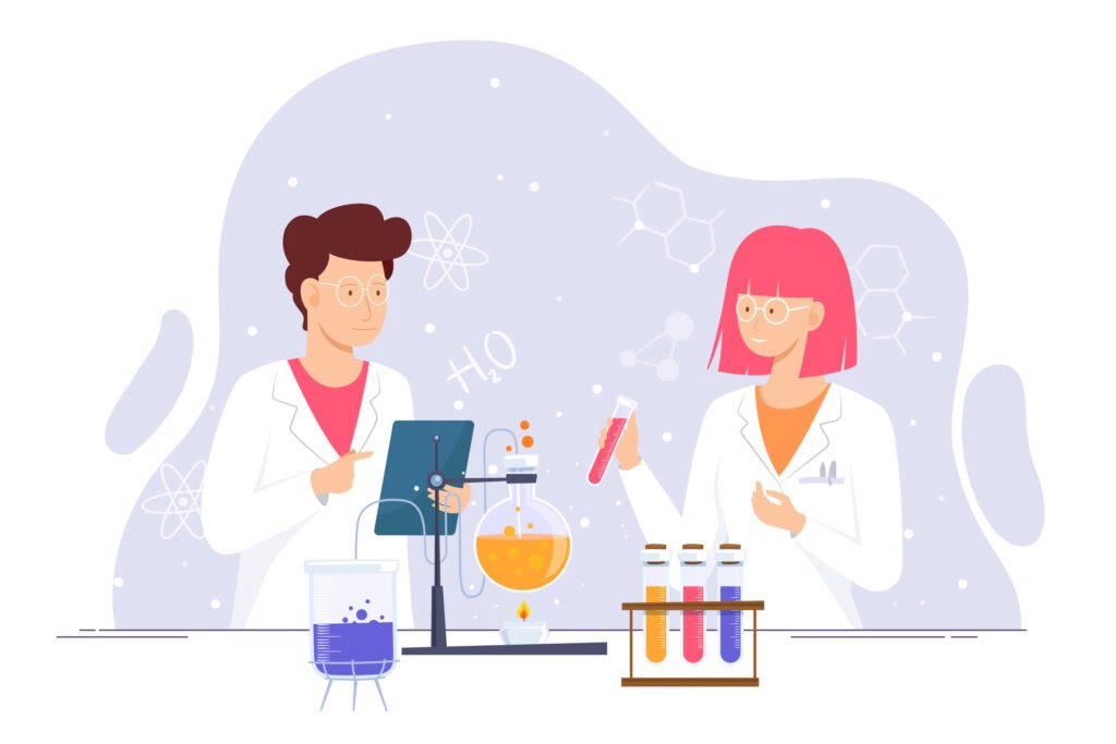 Two researchers in lab coats intensely working on a scientific project in a laboratory setting. kaamaye bio herbals