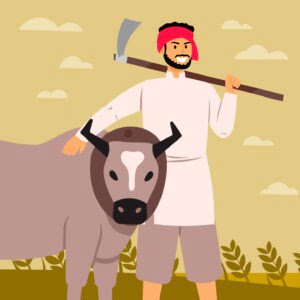 An illustration of a farmer leading a strong bull in a rural setting, showcasing the bond between man and beast. about us kaamaye bio herbals
