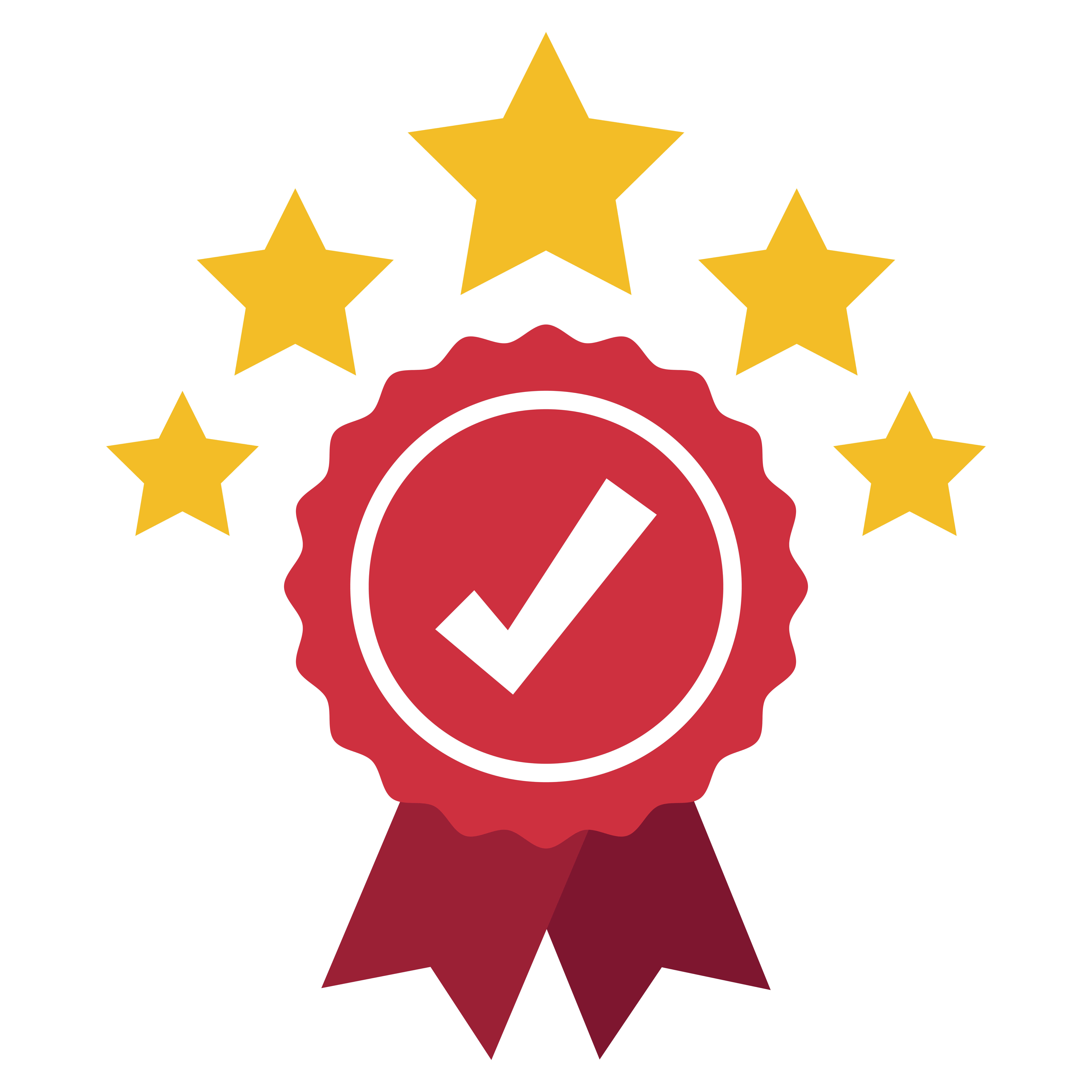 Five stars icon with red ribbon and tick, signifying excellence and approval. kaamaye bio herbals